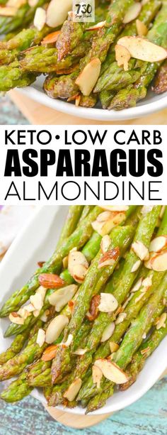 two plates filled with asparagus and almonds