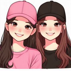 two girls with long hair wearing baseball caps