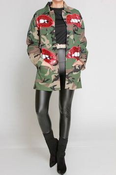 This jacket is the perfect piece for a girl who loves to stand out from the crowd. With red sequence lips on the front and a camo design, this jacket is one of a kind and the perfect jacket for the fashionista. Camo And Red, Lip Patch, Plus Size Jacket, Camouflage Design, Camouflage Jacket, Trendy Jackets, Camo Designs, Army Jacket, Camo Jacket