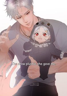 a man holding a baby in his arms with the caption that reads, the crow pushes she gave me