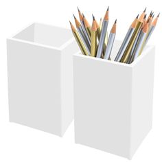 several pencils are in a white container on a white background with clipping lines