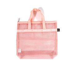 a pink mesh bag on a white background