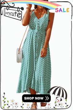 Green Polka Dot Print Split Buttoned V Neck Maxi Dress V Neck Maxi Dress, Green Polka Dot, Dresses By Length, Polka Dot Print, Dot Print, Women Dresses, Long Maxi Dress, Maxi Dresses, Women's Fashion Dresses