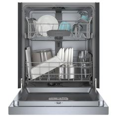 an open dishwasher with dishes in it