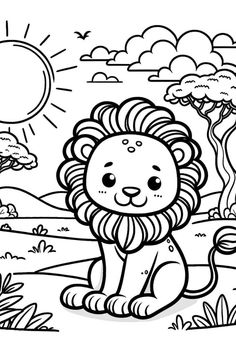 a lion sitting in the grass with trees and clouds behind it, coloring pages for kids