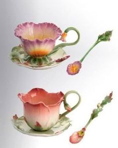 Flower Tea Set, Clay Cup Ideas Ceramic Art, Fairy Mug, Flower Ceramic Mug, Flower Teacup, Floral Tea Set, Flower Cups, Flower Tea Cup, Diy Moss