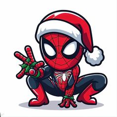 a cartoon spider man wearing a santa hat and holding his hand up to the side