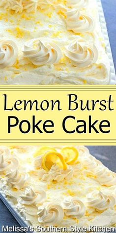 lemon burst poke cake with white frosting on top and yellow icing around the edges