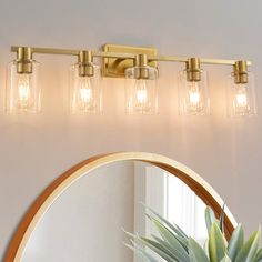 a bathroom vanity light with three lights and a pineapple on the counter next to it