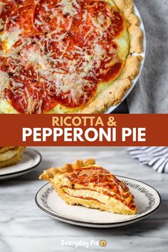 two different types of pizza on plates with the words ricotta and pepperoni pie