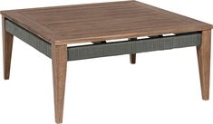 a coffee table with an open drawer underneath it and two legs on each side, against a white background