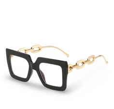 Introducing our "Big Pressure" Fashion Glasses, the perfect accessory for any fashionista. Featuring a sleek black square frame and a delicate light gold chain temple, these glasses are the epitome of class and luxury. Make a statement and turn heads with these stunning glasses, guaranteed to bring in compliments galore. Elevate your style with "Big Pressure" Fashion Glasses. Black Glasses Chains For Party In Summer, Black Glasses Chains For Summer Parties, Trendy Party Glasses Chains With Gold Chain, Trendy Gold Chain Glasses Chain For Parties, Trendy Square Sunglasses For Formal Occasions, Chic Square Sunglasses For Party, Elegant Black Glasses Chains For Party, Chic Square Sunglasses For Formal Occasions, Elegant Rectangular Sunglasses For Party