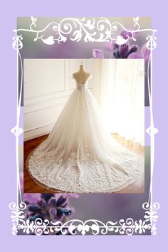 a wedding dress on display in front of a purple and white background with an ornate frame