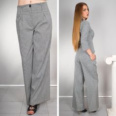 Houndstooth texture high waisted palazzo trousers Material: cotton Fabric: cotton-60%polyester-37%elastane-3% Details - wide leg - high waist with pleats in the front - a button and zipper - side pockets - loops SIZES: Tops and Bottoms Size XS                                                                                                  bust- around 34" / 84 cm  waist- around 24''/ 62 cm hips- around 34''/ 86 cm Size S bust- around 35''/ 88 cm waist- around 26''/ 66 cm hips- around 36''/ 90 cm Office Wide Leg Full-length Pants With Pockets, Office Wide Leg Full Length Pants With Pockets, Office Wide Leg Pants With Pockets, Office Wide-leg Pants With Pockets, Full Length Culottes For Work, Full-length Cotton Pants For Office, Trousers Wide Leg, Side Pants, Palazzo Trousers