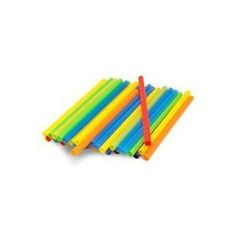 four different colored plastic straws on a white background