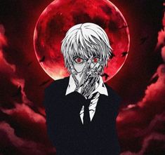 an anime character with red eyes standing in front of a full moon and blood clouds