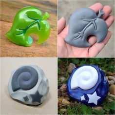 there are four different shapes of soaps in the pictures, each with an elephant and star design on it