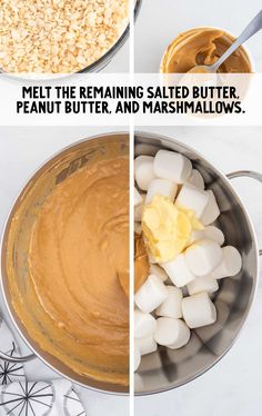 the steps to making peanut butter and marshmallows in a saucepan with text overlay