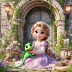 a princess sitting on the ground with a frog