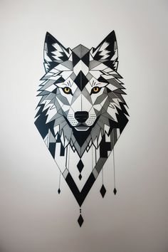 a paper cut wolf head on a white wall with black and grey geometric shapes around it