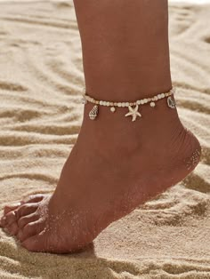 Multicolorido  Collar  Pedra   Embellished   Jóias da moda Anklet Designs Beads, Anklet Charms, Vacation Beach Season Anklets With Starfish Charm, White Starfish Anklets For Beach, White Beach Anklets With Starfish Charm, Beachy Anklets, Feet Bracelet, Turquoise Beach Anklets With Starfish Charm, Stone Anklet