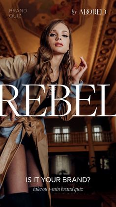 a woman is standing in front of a building with her hand on her hip and the words rebel above her