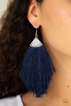 TASSEL TEMPO - BLUE Shiny blue thread fans out from the bottom of a hammered silver fitting, creating a tapered fringe. Earring attaches to a standard fishhook fitting. Sold as one pair of earrings. P5ST-BLXX-007XX ORDERED 5 AUG 20 Cheap Blue Tassel Earrings For Beach, Cheap Adjustable Blue Tassel Earrings, Cheap Blue Beaded Earrings With Tassels, Affordable Blue Beaded Tassel Earrings, Cheap Handmade Blue Tassel Earrings, Cheap Blue Fringe Tassel Earrings, Cheap Blue Tassel Earrings For Party, Tapered Fringe, Silver Tassel Earrings