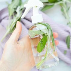 a hand holding a spray bottle filled with water and green leaves next to a purple towel