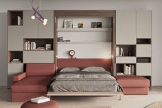 a bed sitting in the middle of a bedroom next to a book shelf