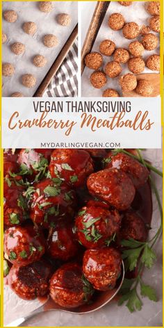 vegan thanksgiving cranberry meatballs recipe with text overlay