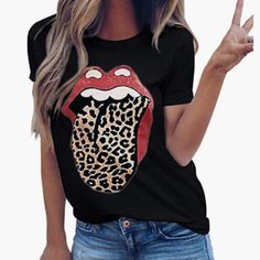 Short Sleeve Black T-Shirt With Kiss Lips And Cheetah Print Tongue. Nwot - Super Soft T-Shirt Material Kiss Lips, Black T Shirt, Cheetah Print, Black Tshirt, Print T Shirt, Kiss, Lips, Womens Tops, Tops & Tees