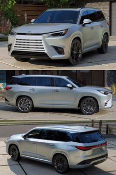 two different views of a silver suv parked in front of a house