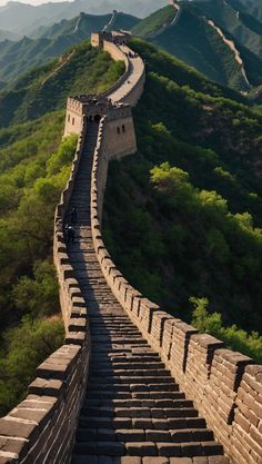 the great wall of china with stairs leading up to it