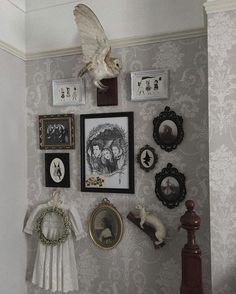 there is a wall with pictures on it and an owl sitting on the top shelf