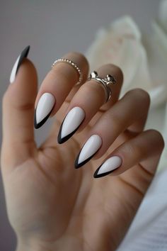 Black And White Minimal Nails, Nail Design White And Black, Nails French Ideas Black, Grey And Black French Nails, White Black French Nails, White Nails Black Accent, Milky Nails Black French, Tuxedo French Tip Nails, White Nails With Black Designs Simple