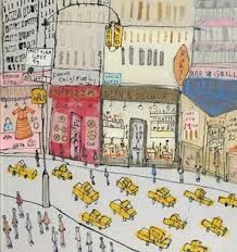 a drawing of a city street with yellow cabs