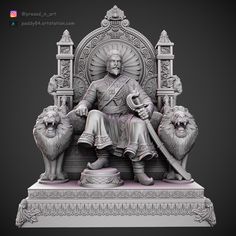 a statue of a man sitting on top of a throne with two lions around him