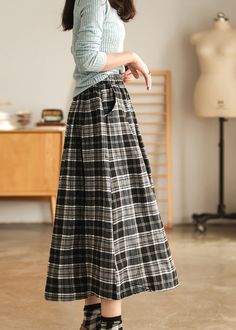 Simple Chocolate Pockets Plaid Cotton Skirts Spring Cotton Skirts, Autumn Dress, Spring Fabric, Loose Blouse, Mid Dresses, Loose Tops, Cotton Skirt, Lace Maxi Dress, Fashion Sewing