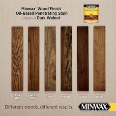 several different types of wood stain for furniture, including white oak, red oak, and dark walnut