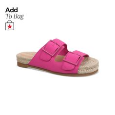 in stock Pink Open Toe Footbed Sandals For Vacation, Adjustable Slippers With Buckle Closure For Spring, Adjustable Buckle Closure Slippers For Spring, Adjustable Spring Slippers With Buckle Closure, Pink Open Toe Sandals With Leather Footbed, Summer Double Strap Mules With Leather Footbed, Pink Double Strap Sandals For The Beach, Pink Double Strap Slides For Spring, Double Strap Mules For Summer Beach