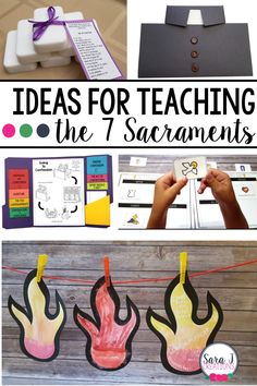 several different activities for teaching the 7 sacraments with pictures and text overlaying them