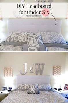 two pictures of a bed with white sheets and pillows, one has the letters j and w on it