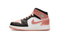 The Air Jordan 1 Mid GS “Light Madder Root” is another outstanding kids-only colorway for the popular silhouette.  This unique take on the mid-cut AJ1 features a ribbed, satin-like material for the titular Light Madder Root (or more simply, pink) accents with accompanying stark white and black smooth leathers to complement the rose-colored hue.  The shiny, textured material adorns the heel and ankle overlays, the Swooshes, and the toe box.  Mid-panels and nylon tongues are in pure white, while t Air Jordan 1 Mid Gs, Kids Jordan, Madder Root, Retro Basketball Shoes, Buy Jordans, Nike Air Jordan 1 Mid, Stadium Goods, Kids Jordans, Air Jordan 1 Low