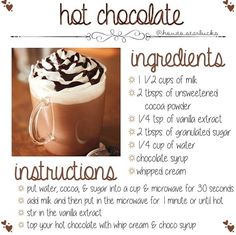 the instructions for hot chocolate ingredients