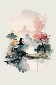 watercolor painting with trees and mountains in the background