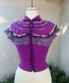 Fitted Purple Cardigan With Buttons, Hand Knitted Bohemian Crochet Top, Fitted Hand Knitted Crochet Top For Winter, Fitted Purple Knitted Cardigan, Fitted Pink Crochet Top For Fall, Pink Fitted Crochet Top For Fall, Fitted Bohemian Knitted Cardigan, Crochet Vest Top, Purple Shawl