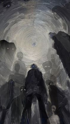 an abstract painting of several people standing in front of a large circular object with water droplets