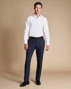 98% wool, 2% elastane, Available in slim fit only, Half lined to the knee, Angled pockets with AMF stitching, Flat front, Belt loops to fit 4.5 cm belt, Crease recovery fabric, Taped hems, Dry clean only - Micro Check Suit Trousers - Steel Blue | Men's Charles Tyrwhitt Micro Check Suit Trousers - Steel Blue Size 30/30 Wool Smart Attire, Leather Lingerie, Charles Tyrwhitt, Luxury Sportswear, Check Suit, Men Trousers, Three Piece Suit, Single Breasted Jacket, Sportswear Women