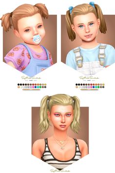 three girls with different facial expressions and hair styles, each wearing an overalls or suspenders