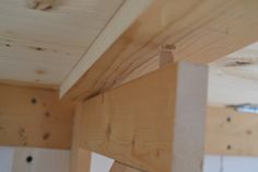 wooden beams are attached to the ceiling in an unfinished room